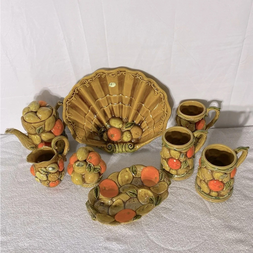 Vintage MCM Japan Pottery Ceramic Orange Spice 8Pc Tea Set Cottagecore Boho